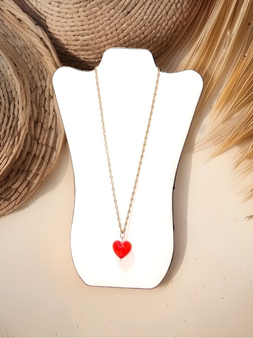 Red Swirl Glass Heart Pendant Necklace 24KGP Gold Puffed Mariner Link Chain